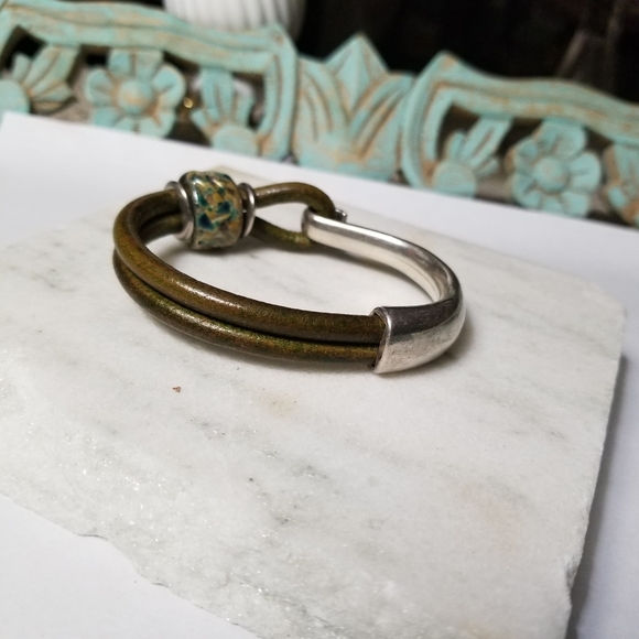 Silver Metal & Olive Leather Cord Bracelet With Bead Accent - Picture 4 of 7